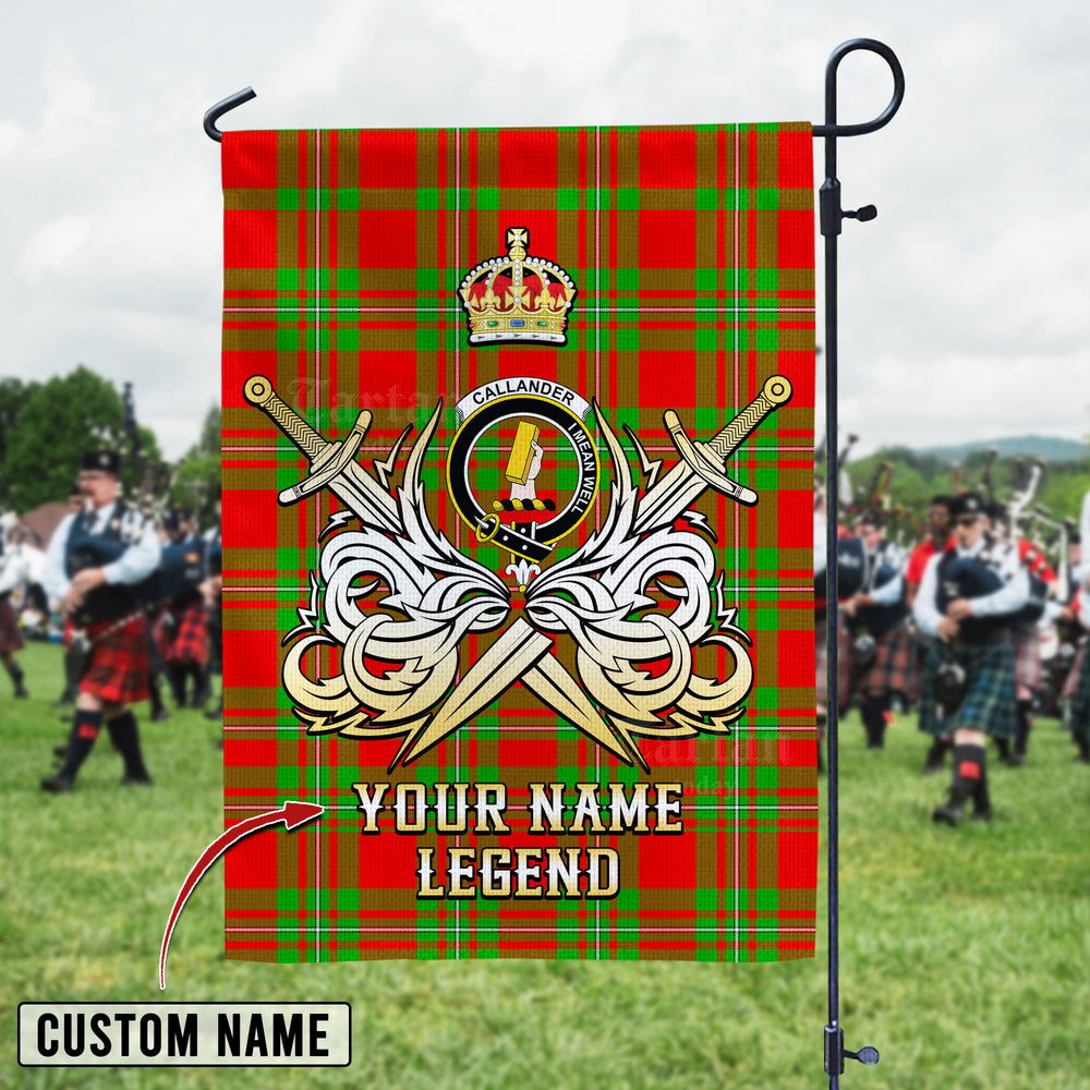Personalized Custom Name Clan Callander Modern Tartan Garden Flag with Clan Crest and the Golden Sword of Courageous Legacy XB44 - Callander Modern Tartan Design, Scottish Heritage Gift