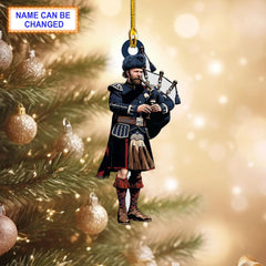 Cameron Black & Red Modern Tartan Bagpipe Ornament with Custom Name