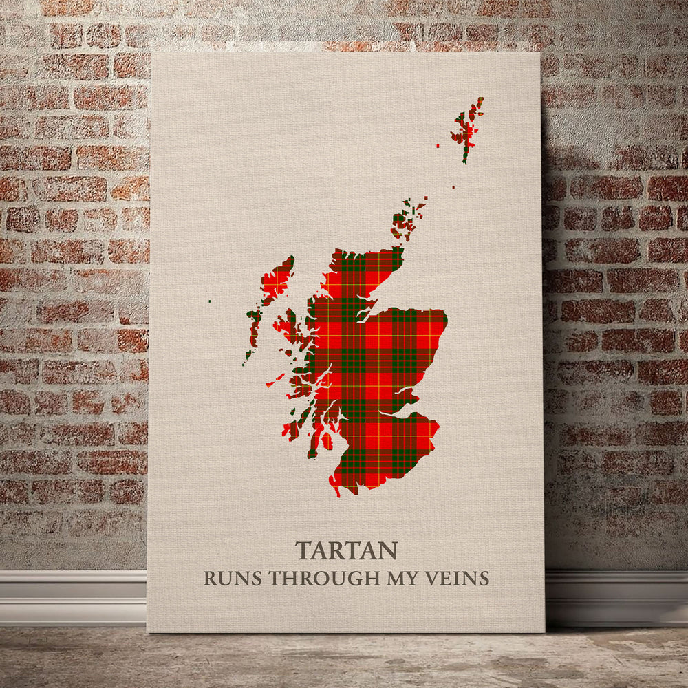 Cameron Modern Tartan Scotland Map Canvas – “Tartan Runs Through My Veins” Wall Art