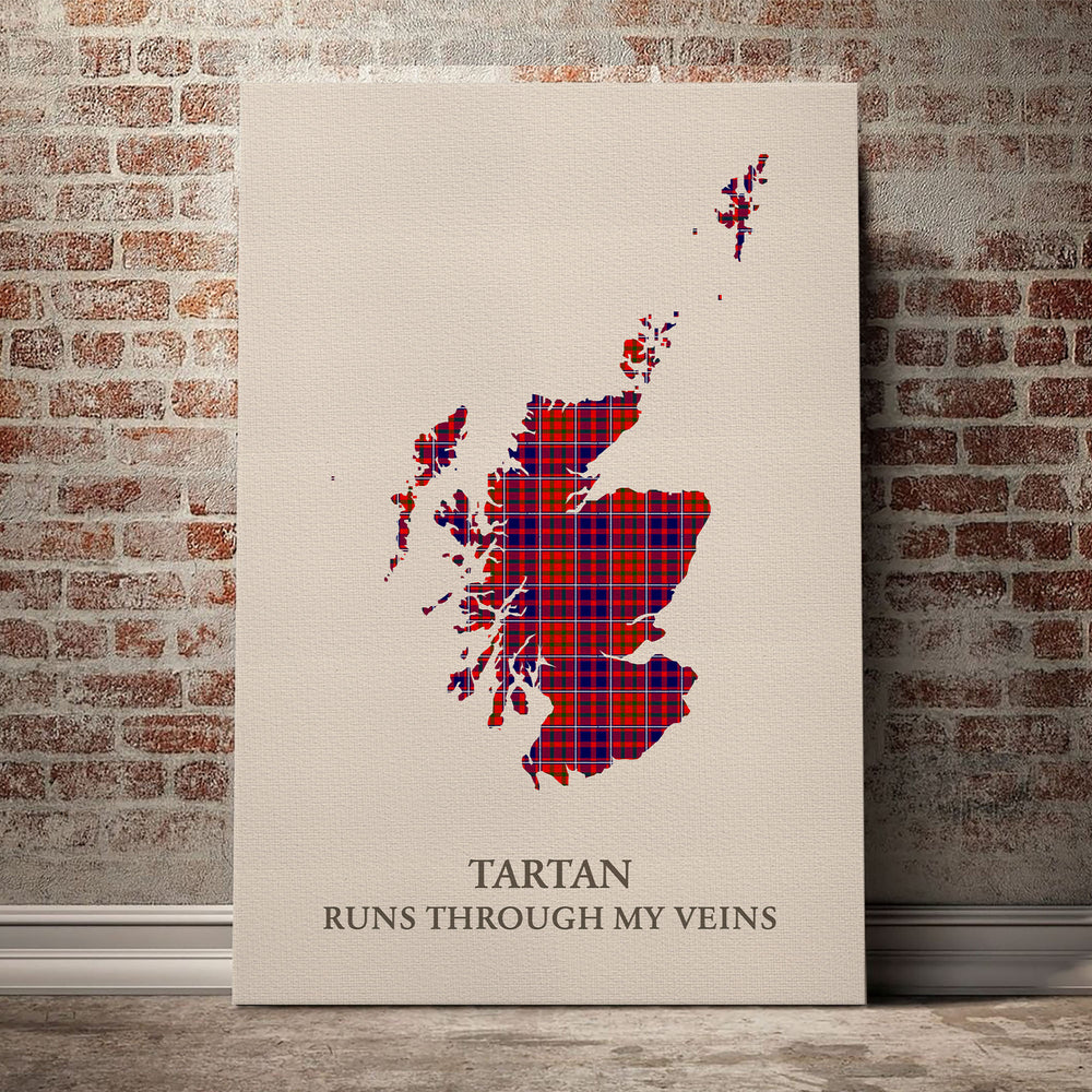 Cameron of Lochiel Modern Tartan Scotland Map Canvas – “Tartan Runs Through My Veins” Wall Art