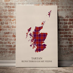 Cameron of Lochiel Modern Tartan Scotland Map Canvas – “Tartan Runs Through My Veins” Wall Art