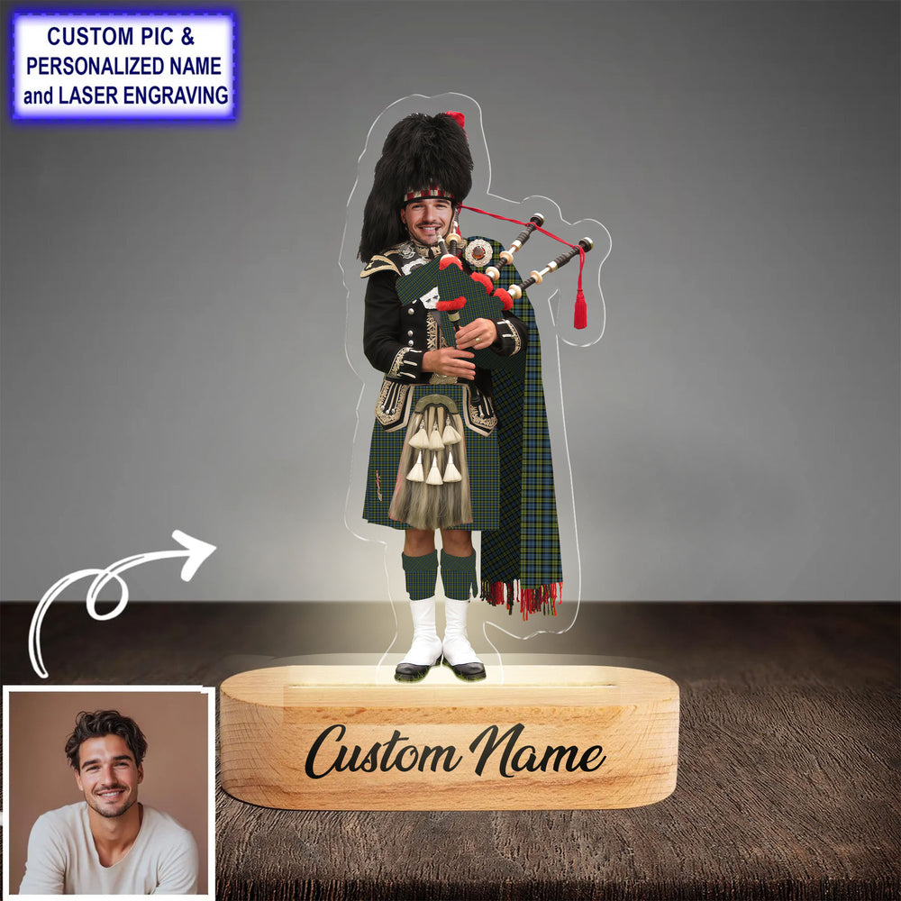 Custom Bagpipe Campbell Tartan LED Night Light - Personalized Scottish Bagpiper Figurine with Wooden Stand