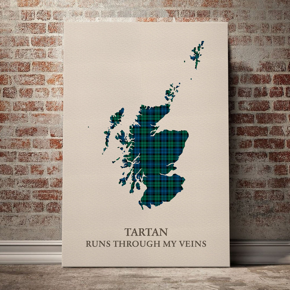 Campbell Ancient Tartan Scotland Map Canvas – “Tartan Runs Through My Veins” Wall Art