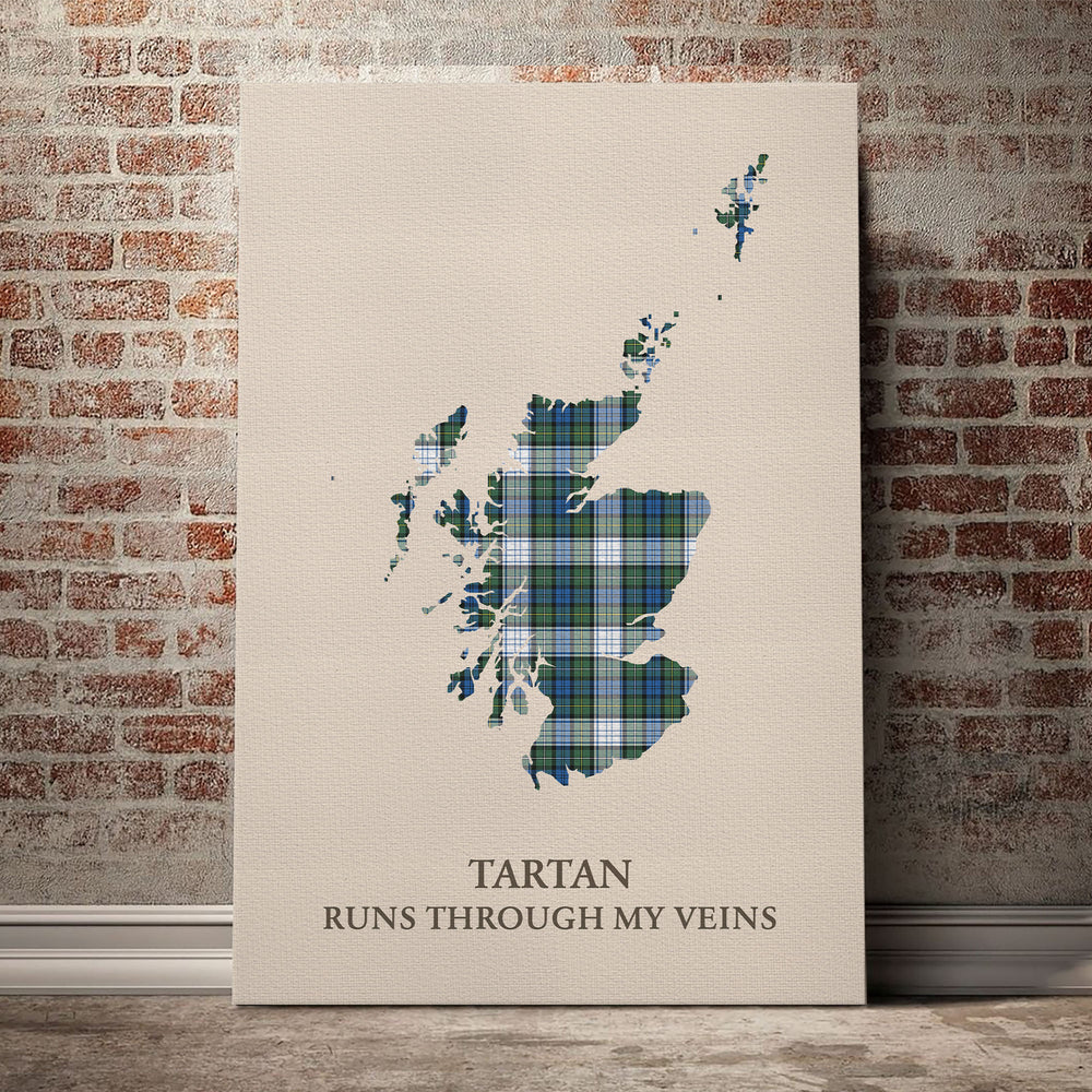 Campbell Dress Ancient Tartan Scotland Map Canvas – “Tartan Runs Through My Veins” Wall Art