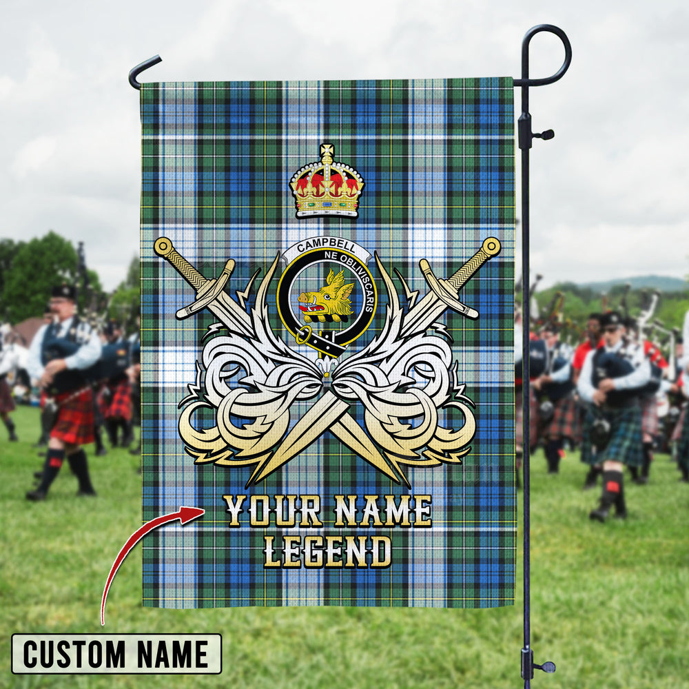 Personalized Custom Name Clan Campbell Dress Ancient Tartan Garden Flag with Clan Crest and the Golden Sword of Courageous Legacy BT72 - Campbell Dress Ancient Tartan Design, Scottish Heritage Gift