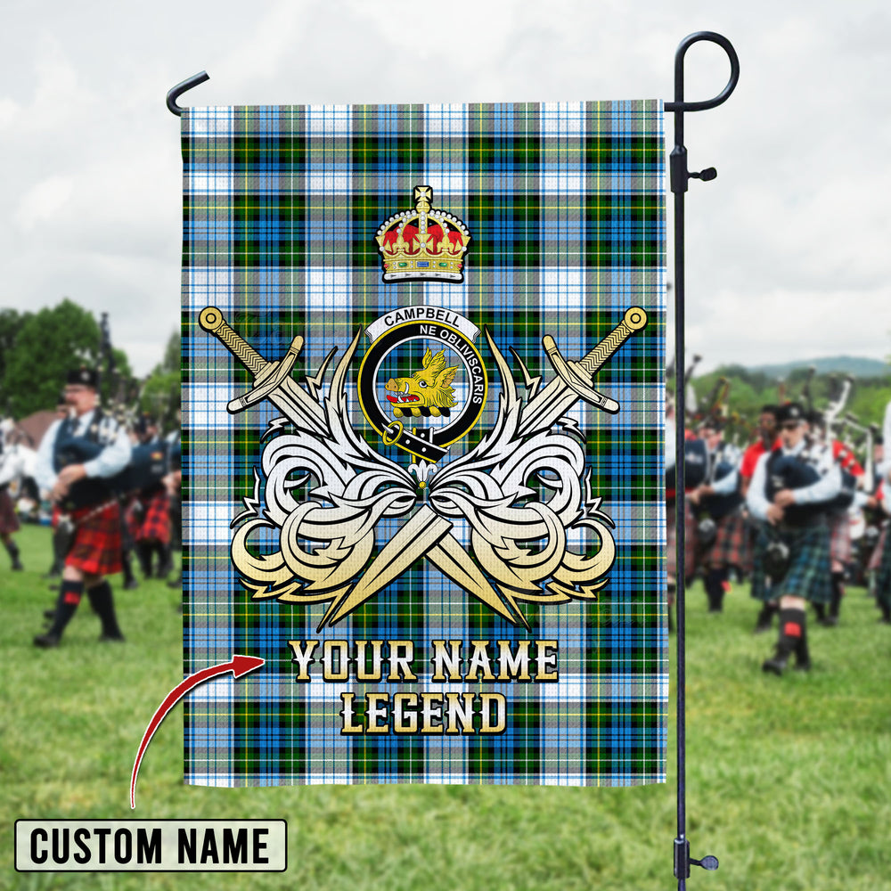 Personalized Custom Name Clan Campbell Dress Tartan Garden Flag with Clan Crest and the Golden Sword of Courageous Legacy LJ39 - Campbell Dress Tartan Design, Scottish Heritage Gift
