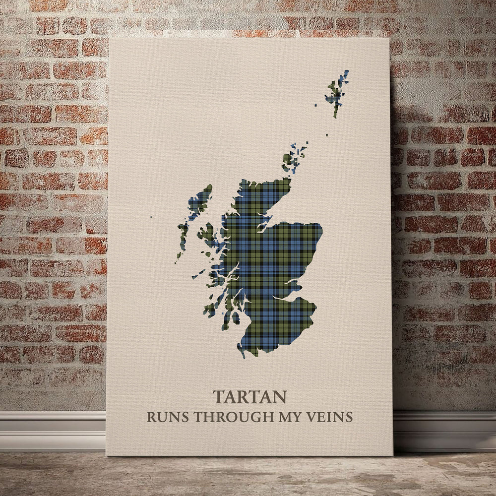 Campbell Faded Tartan Scotland Map Canvas – “Tartan Runs Through My Veins” Wall Art