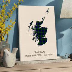 Clan Campbell Modern Tartan Scotland Map Canvas “Tartan Runs Through My Veins” Wall Art VJ78