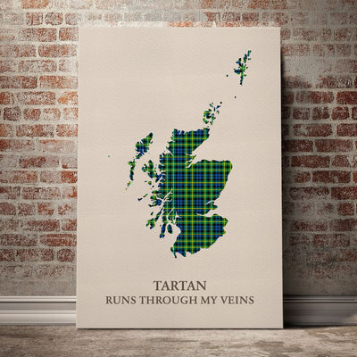 Clan Campbell of Breadalbane Ancient Tartan Scotland Map Canvas “Tartan Runs Through My Veins” Wall Art NA23