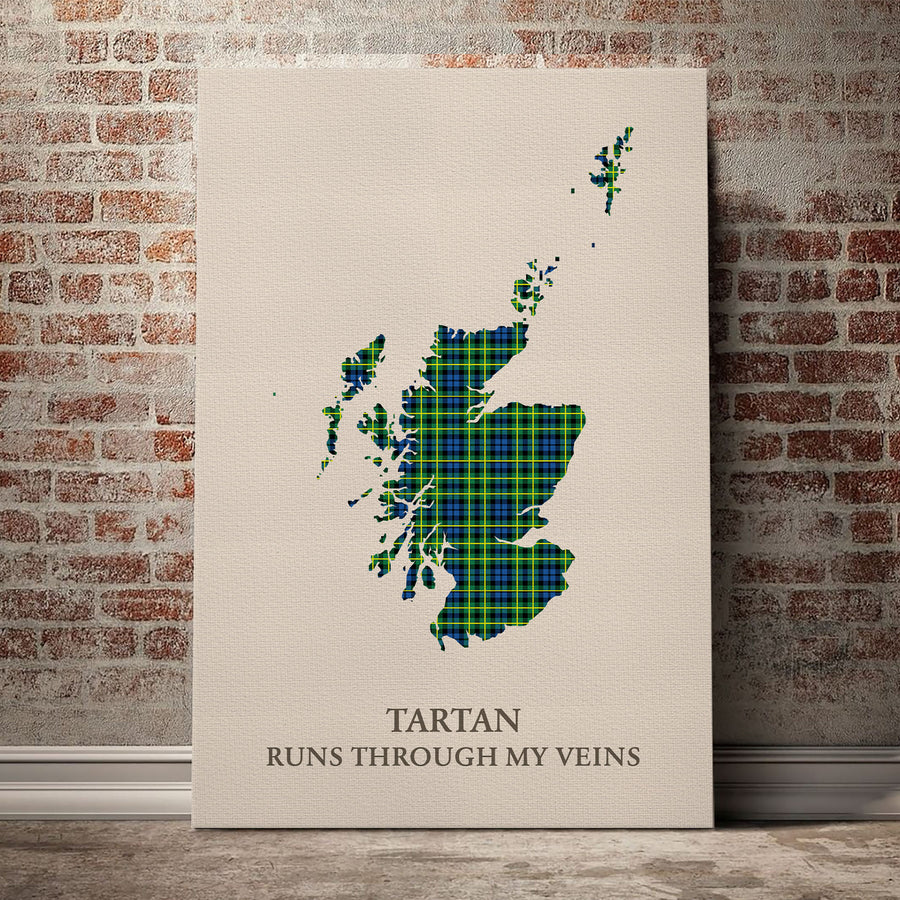 Campbell of Breadalbane Ancient Tartan Scotland Map Canvas – “Tartan Runs Through My Veins” Wall Art
