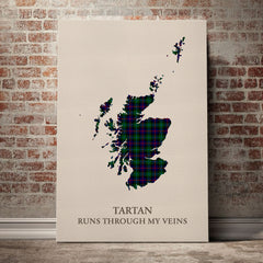 Campbell of Cawdor Modern Tartan Scotland Map Canvas – “Tartan Runs Through My Veins” Wall Art