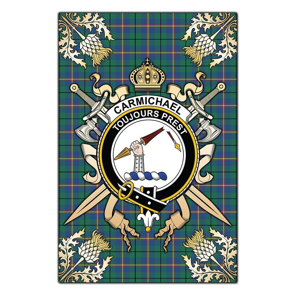 Clan Carmichael Ancient Tartan Crest Black Garden Flag - Gold Thistle MA20 Clan Carmichael Tartan Today