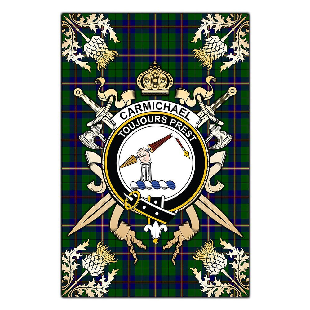 Clan Carmichael Modern Tartan Crest Black Garden Flag - Gold Thistle TW16 Clan Carmichael Tartan Today