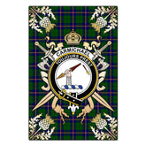 Clan Carmichael Modern Tartan Crest Black Garden Flag - Gold Thistle TW16 Clan Carmichael Tartan Today