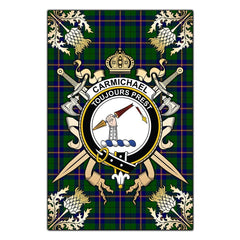 Clan Carmichael Modern Tartan Crest Black Garden Flag - Gold Thistle TW16 Clan Carmichael Tartan Today