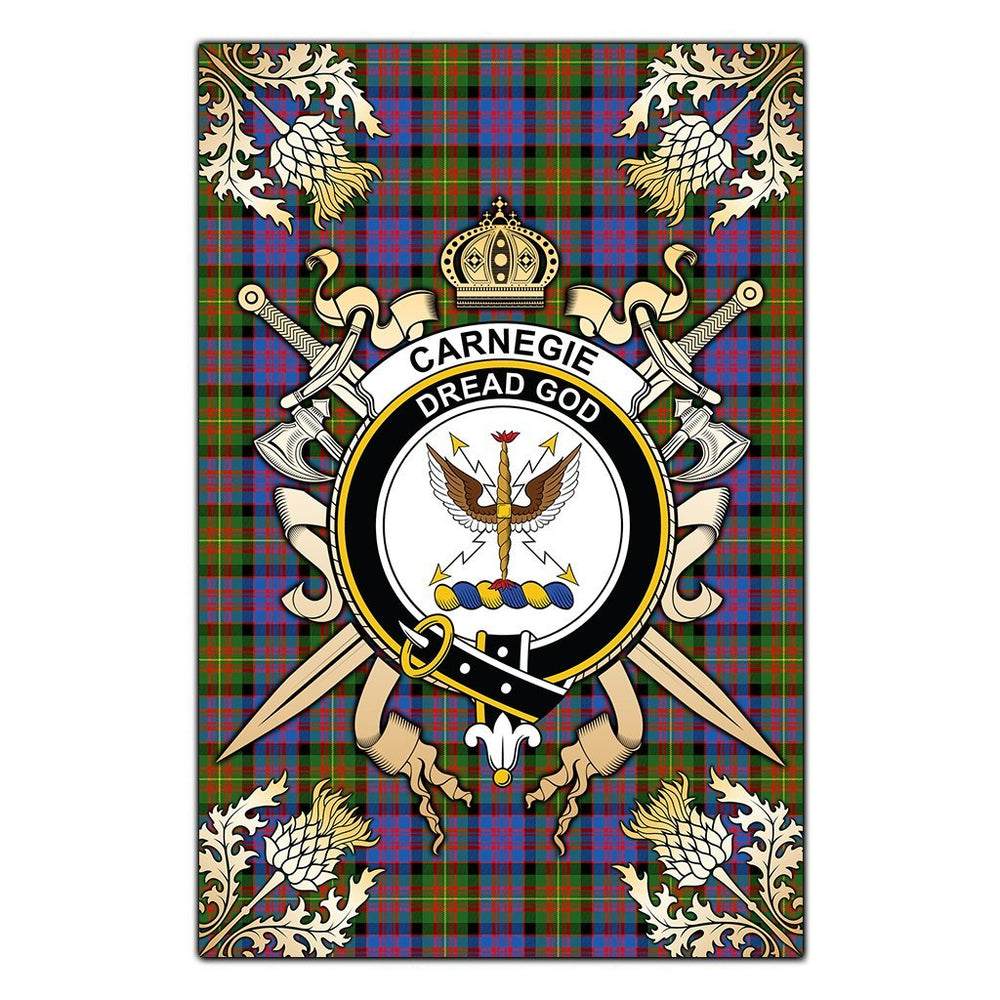 Clan Carnegie Ancient Tartan Crest Black Garden Flag - Gold Thistle UB40 Clan Carnegie Tartan Today