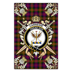 Clan Carnegie Modern Tartan Crest Black Garden Flag - Gold Thistle OE10 Clan Carnegie Tartan Today