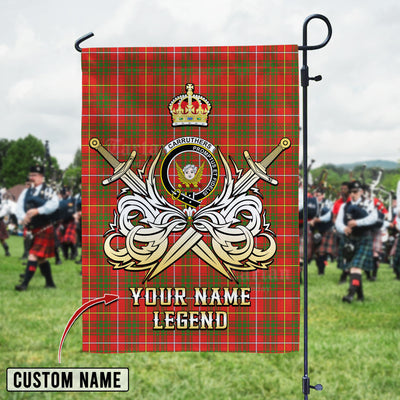 Custom Name Clan Carruthers Tartan Garden Flag with Clan Crest and the Golden Sword of Courageous Legacy