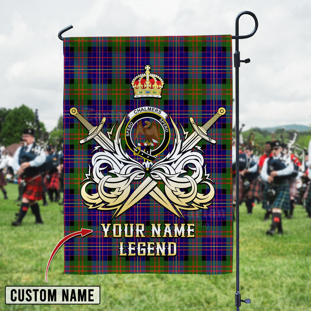 Personalized Custom Name Clan Chalmer Tartan Garden Flag with Clan Crest and the Golden Sword of Courageous Legacy JB62 - Chalmer Tartan Design, Scottish Heritage Gift