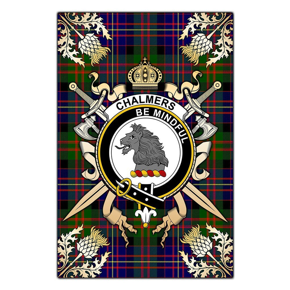 Clan Chalmers Modern Tartan Crest Black Garden Flag - Gold Thistle SC32 Clan Chalmers Tartan Today