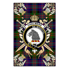 Clan Chalmers Modern Tartan Crest Black Garden Flag - Gold Thistle SC32 Clan Chalmers Tartan Today