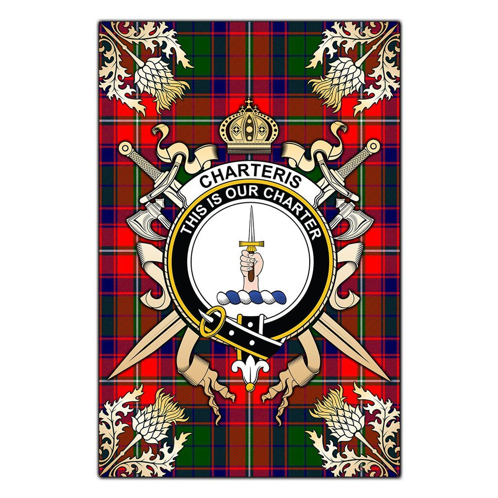 Clan Charteris Tartan Crest Black Garden Flag - Gold Thistle JO99 Clan Charteris Tartan Today