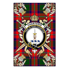 Clan Charteris Tartan Crest Black Garden Flag - Gold Thistle JO99 Clan Charteris Tartan Today