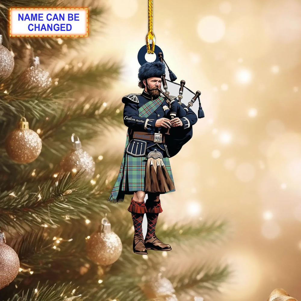 Chieftain's Modern Tartan Bagpipe Ornament with Custom Name