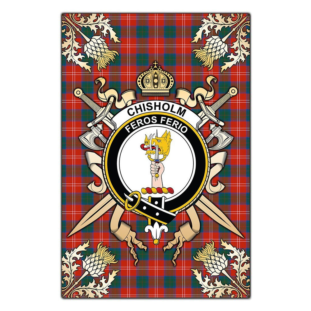 Clan Chisholm Ancient Tartan Crest Black Garden Flag - Gold Thistle GU76 Clan Chisholm Tartan Today