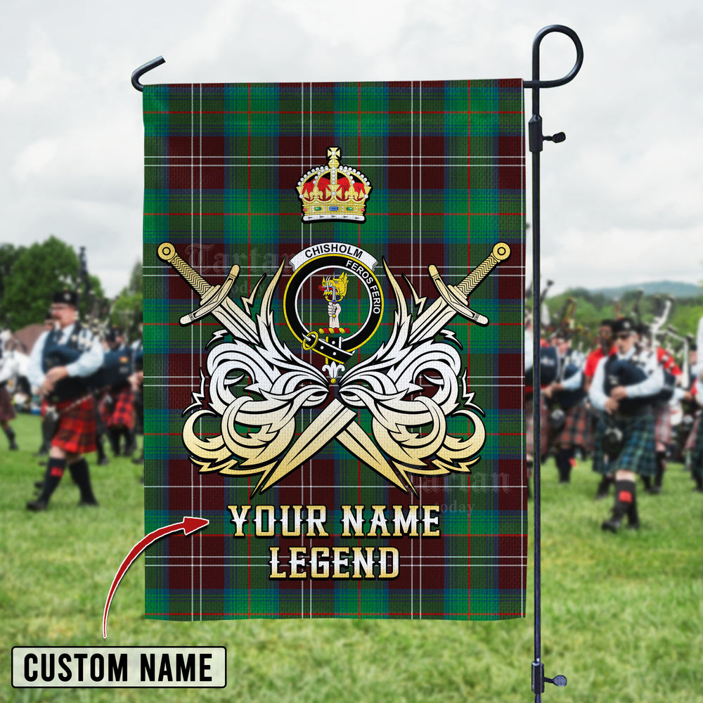 Personalized Custom Name Clan Chisholm Hunting Ancient Tartan Garden Flag with Clan Crest and the Golden Sword of Courageous Legacy LH35 - Chisholm Hunting Ancient Tartan Design, Scottish Heritage Gift