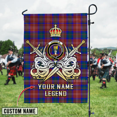 Custom Name Clan Chisholm Hunting Modern Tartan Garden Flag with Clan Crest and the Golden Sword of Courageous Legacy