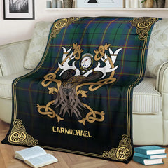 Clan Carmichael Ancient Tartan Crest Premium Blanket Celtic Stag Style WA49 Clan Carmichael Tartan Today