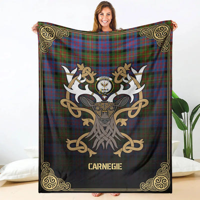 Clan Carnegie Ancient Tartan Crest Premium Blanket Celtic Stag Style AU46
