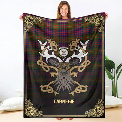 Clan Carnegie Modern Tartan Crest Premium Blanket Celtic Stag Style QM91