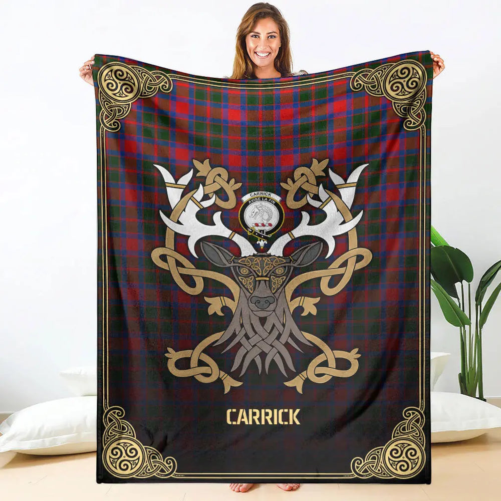 Clan Carrick District Tartan Crest Premium Blanket Celtic Stag Style LO51 Tartan Today