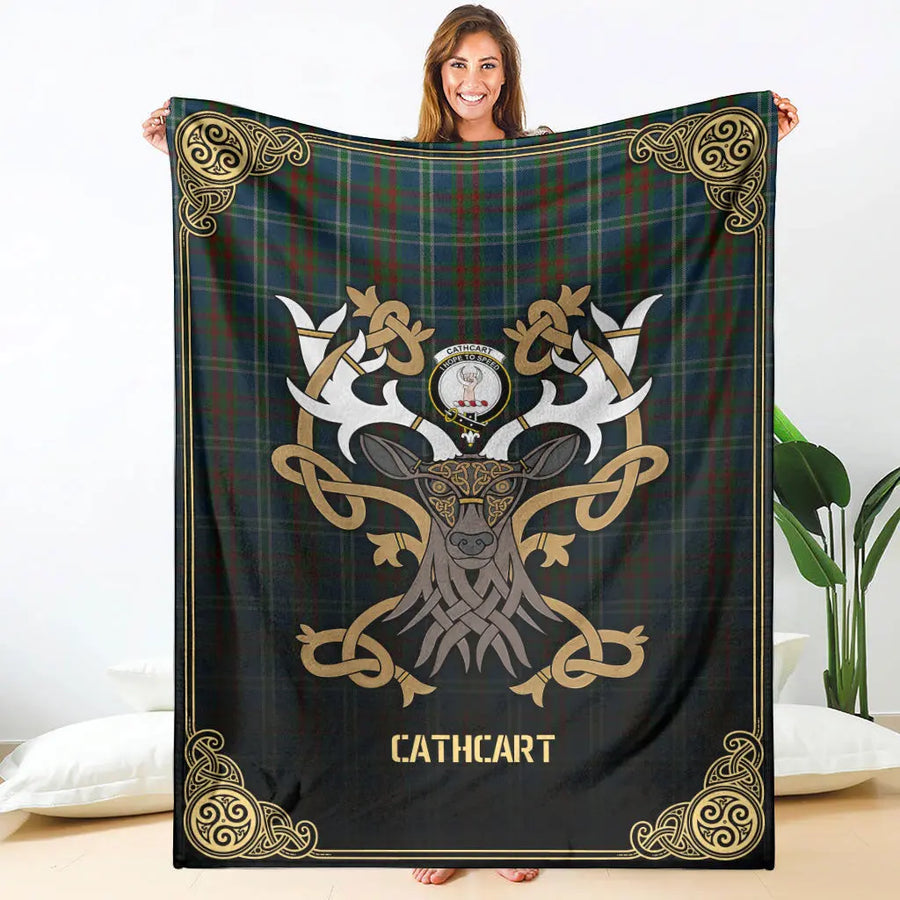 Clan Cathcart Tartan Crest Premium Blanket Celtic Stag Style