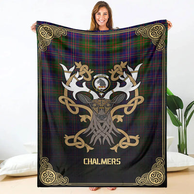 Clan Chalmers Tartan Crest Premium Blanket Celtic Stag Style
