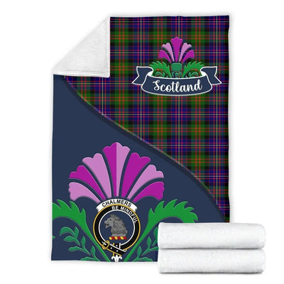 Clan Chalmers Tartan Crest Premium Blanket Thistle Style