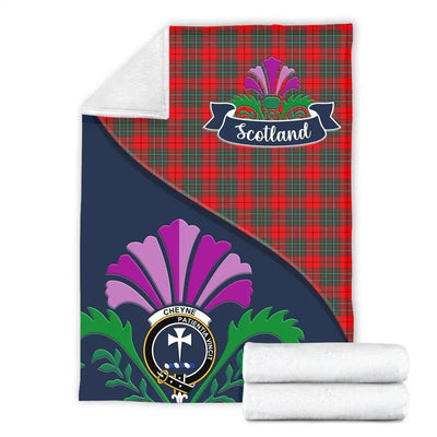 Clan Cheyne Tartan Crest Premium Blanket Thistle Style
