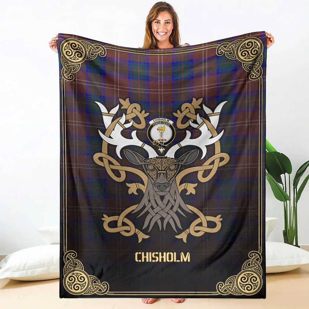 Clan Chisholm Hunting Modern Tartan Crest Premium Blanket Celtic Stag Style TV81 Clan Chisholm Tartan Today