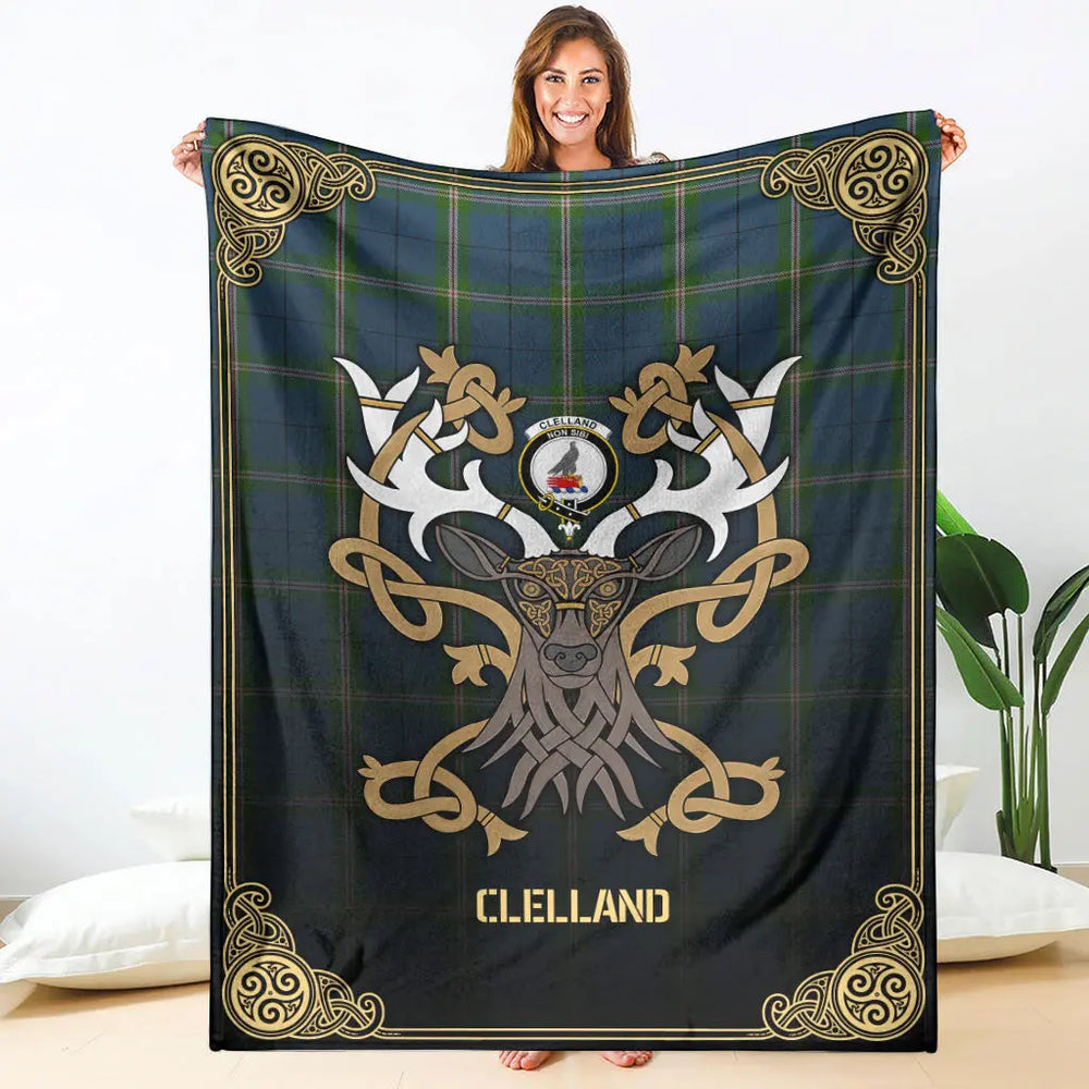 Clan Clelland Tartan Crest Premium Blanket Celtic Stag Style GE39 Clan Clelland Tartan Today
