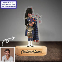 Custom Bagpipe Clark 1 Tartan LED Night Light - Personalized Scottish Bagpiper Figurine with Wooden Stand