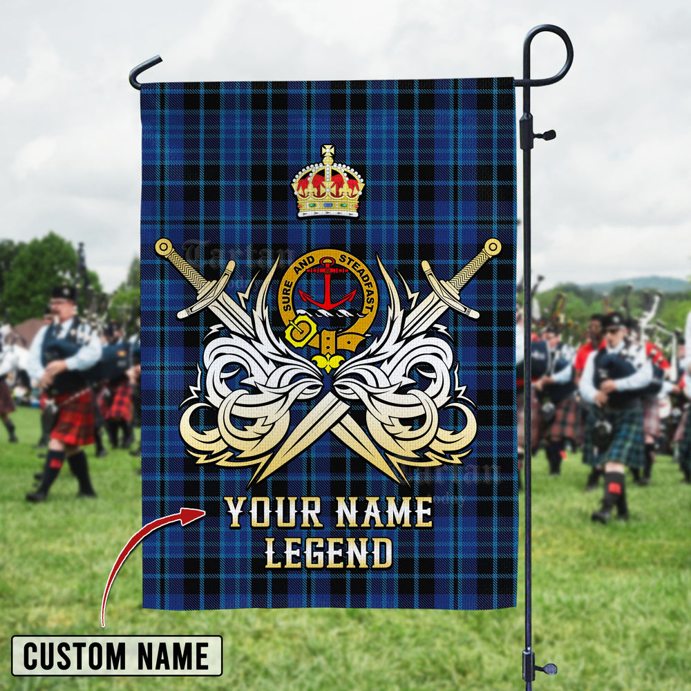 Personalized Custom Name Clan Clark 2 Tartan Garden Flag with Clan Crest and the Golden Sword of Courageous Legacy MT92 - Clark 2 Tartan Design, Scottish Heritage Gift