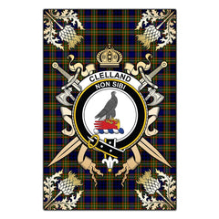 Clan Clelland Modern Tartan Crest Black Garden Flag - Gold Thistle HL54 Clan Clelland Tartan Today