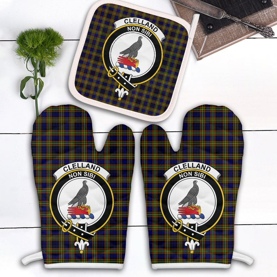 Clan Clelland Modern Tartan Crest Oven Mitt And Pot Holder (2 Oven Mitts + 1 Pot Holder)