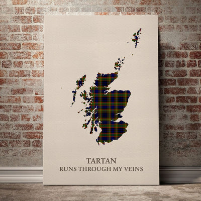 Clan Clelland Modern Tartan Scotland Map Canvas “Tartan Runs Through My Veins” Wall Art QF89