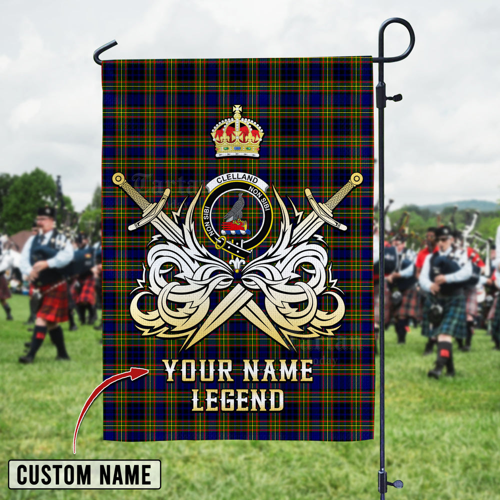Personalized Custom Name Clan Clelland Modern Tartan Garden Flag with Clan Crest and the Golden Sword of Courageous Legacy FG93 - Clelland Modern Tartan Design, Scottish Heritage Gift