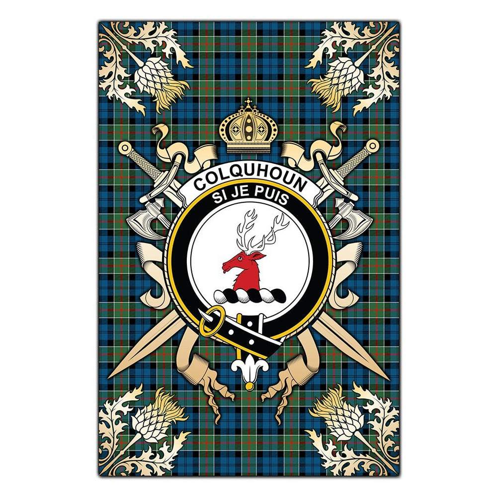 Clan Colquhoun Ancient Tartan Crest Black Garden Flag - Gold Thistle BY63 Clan Colquhoun Tartan Today