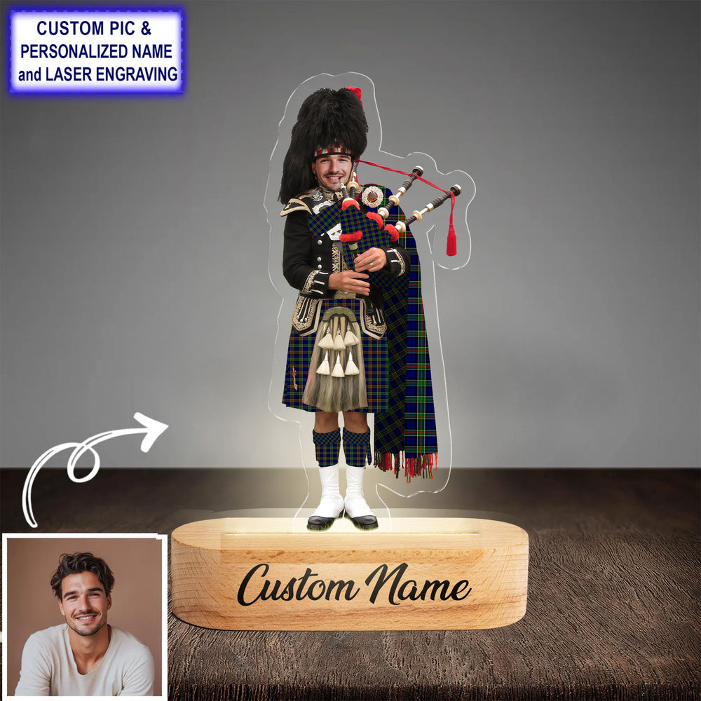 Custom Bagpipe Colquhoun Modern Tartan LED Night Light - Personalized Scottish Bagpiper Figurine with Wooden Stand