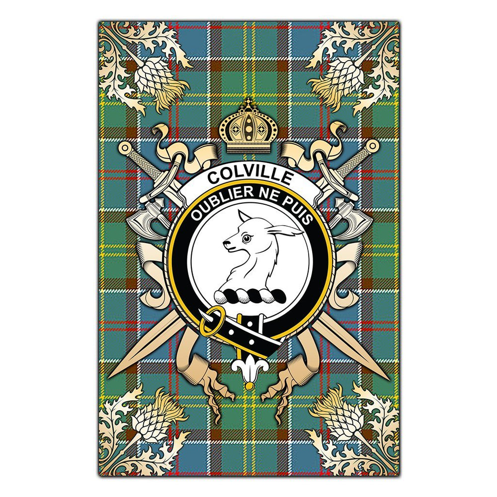 Clan Colville Tartan Crest Black Garden Flag - Gold Thistle VP21 Clan Colville Tartan Today